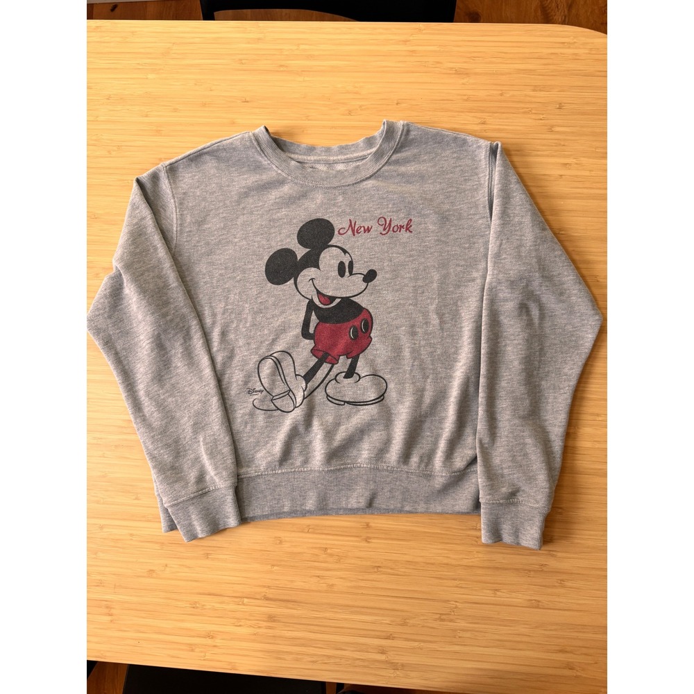 Disney Mickey Mouse New York NYC Gray Crewneck Sweatshirt Retro Faded Graphic